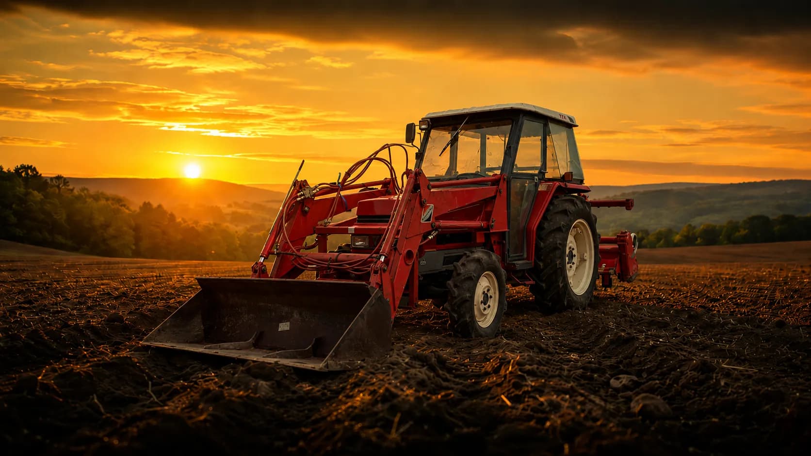 Malotraktor pri práci na poli počas zlatej hodiny