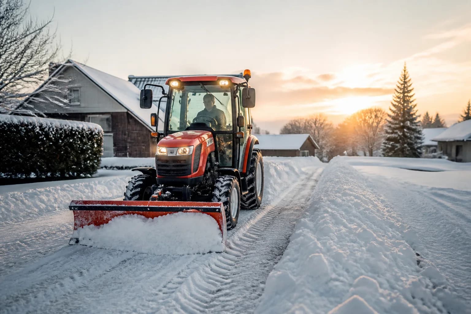 Malotraktor so snehovou radlicou odhŕňa sneh z vidieckeho dvora.