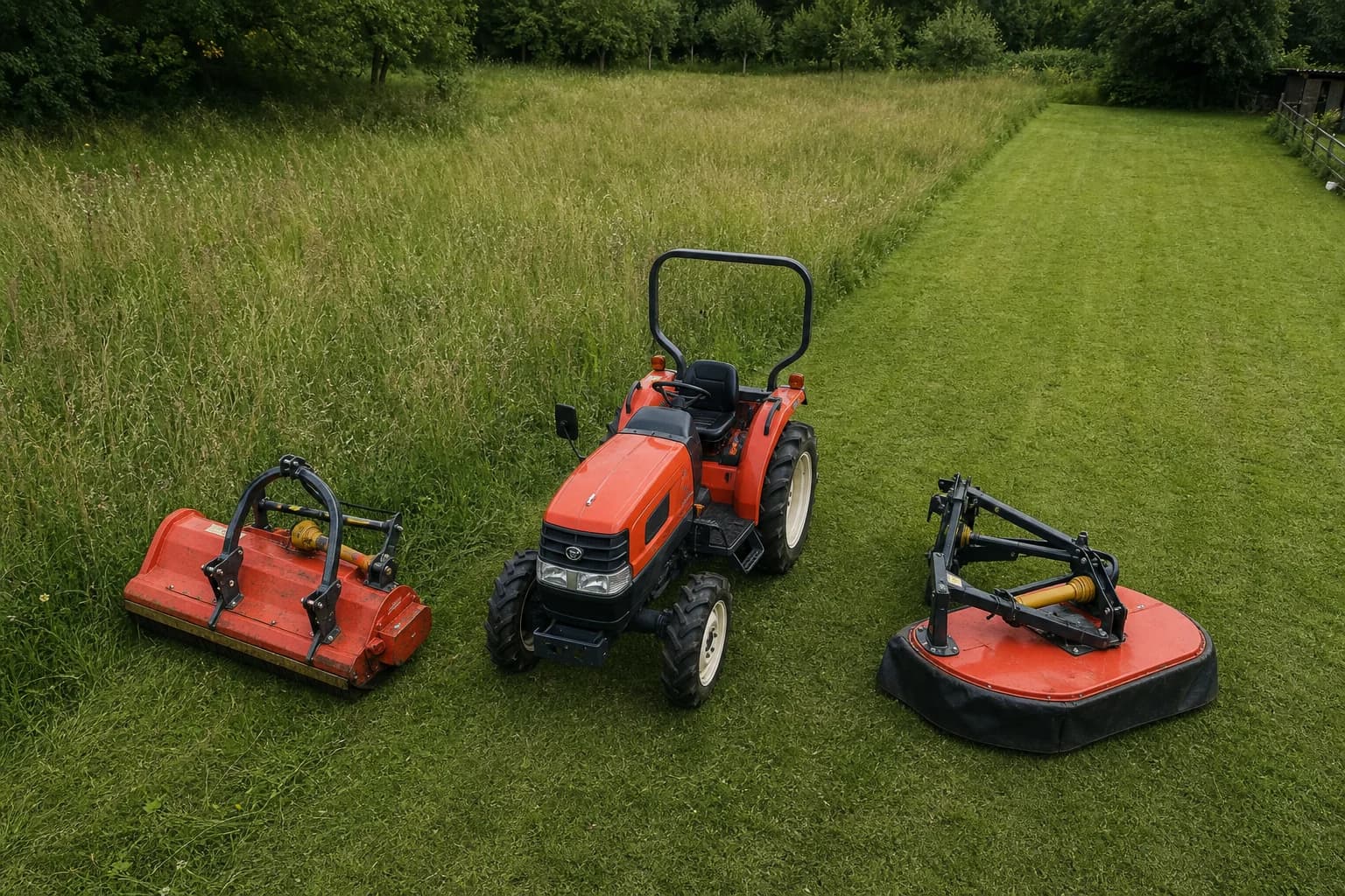 Malotraktor na pozemku medzi mulčovačom a rotačnou kosačkou pri vysokej a udržiavanej tráve.