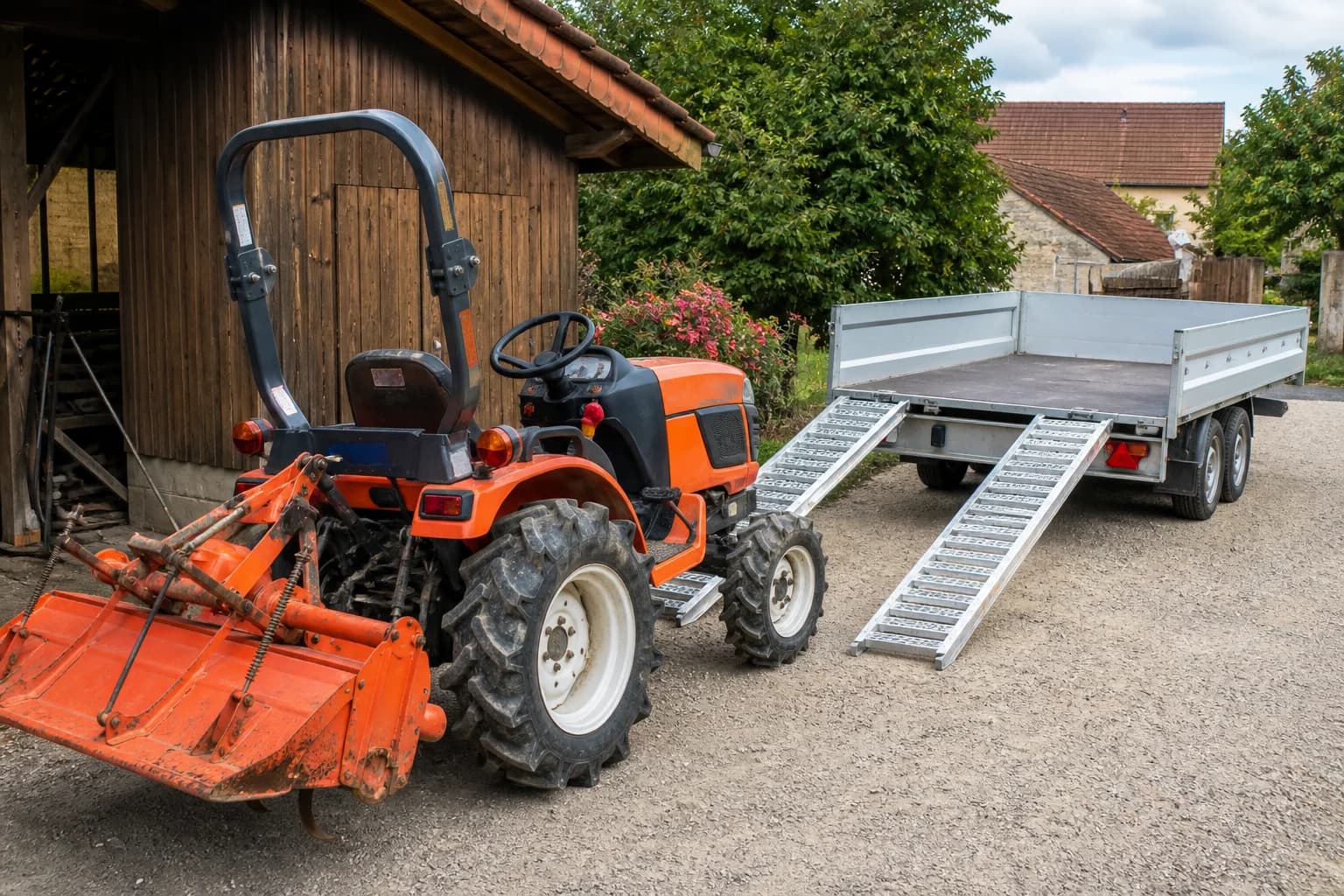 Malotraktor pred prívesom s dvoma kovovými nájazdovými rampami na vidieckom dvore.