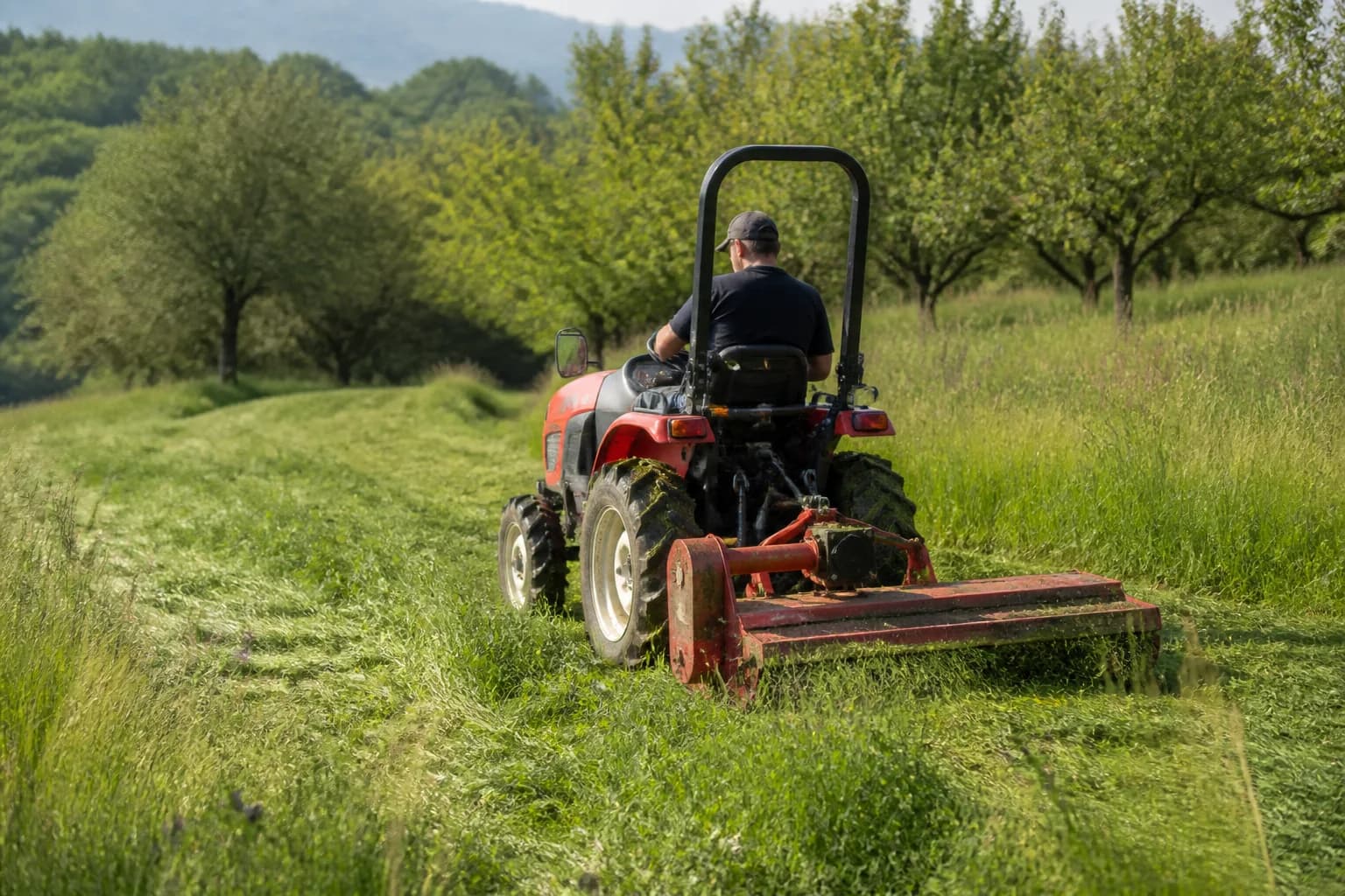 Kompaktný malotraktor kosí vysokú trávu na lúke so sadom v pozadí.