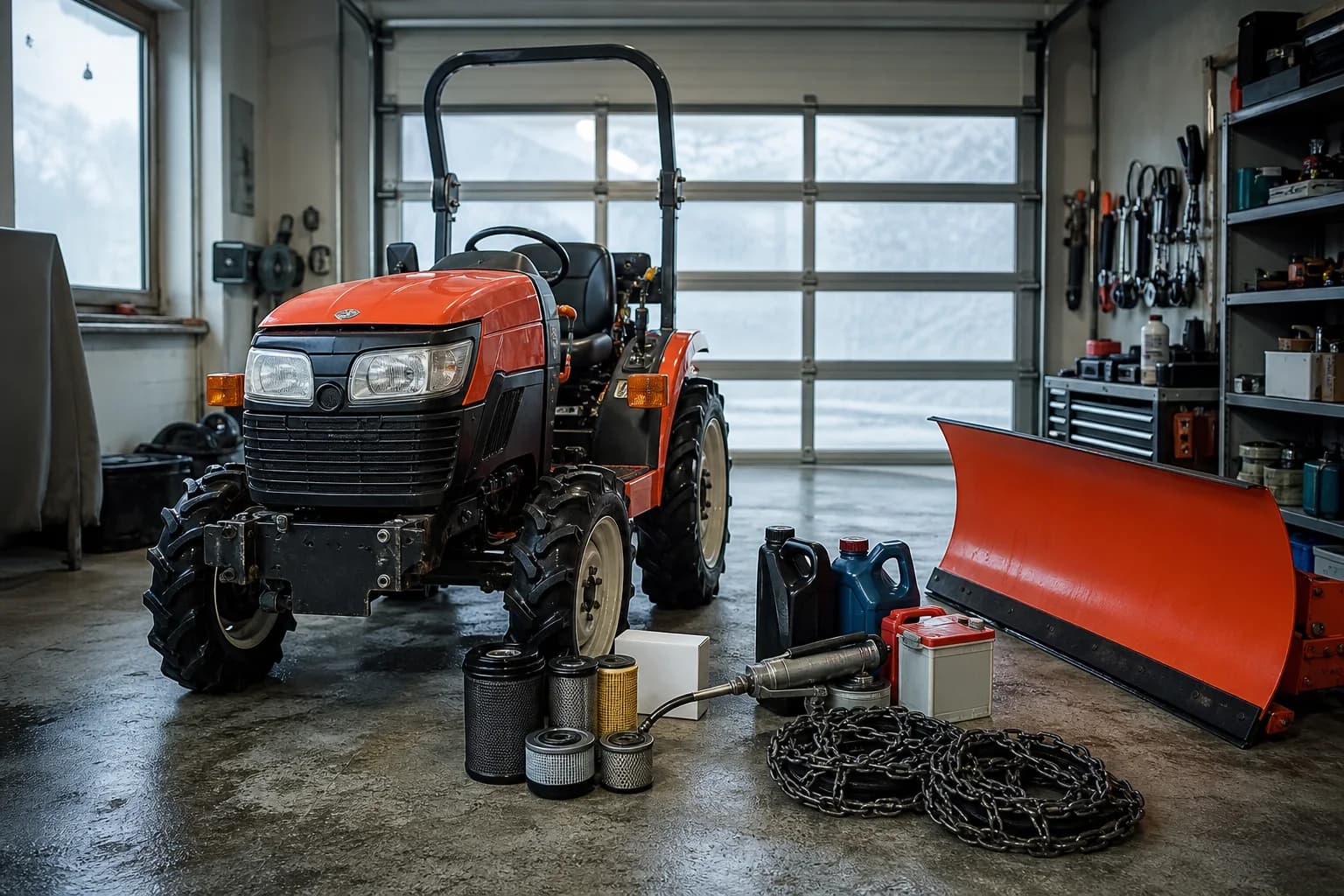 Použitý japonský malotraktor v dielni s pripravenými servisnými dielmi a zimným príslušenstvom.
