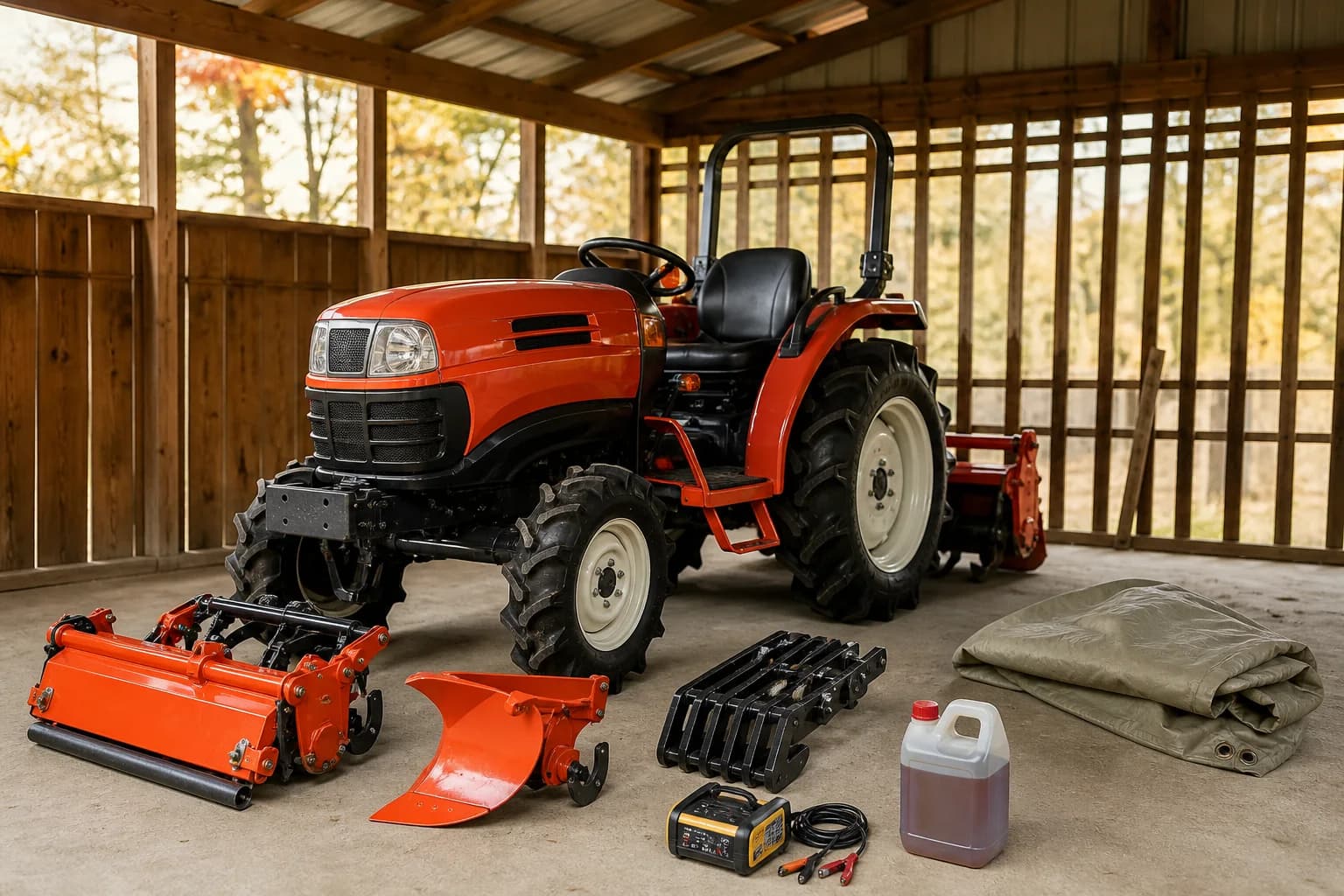 Čistý malotraktor odstavený v krytom priestore s pripraveným krytom, mazivom a nabíjačkou batérie.