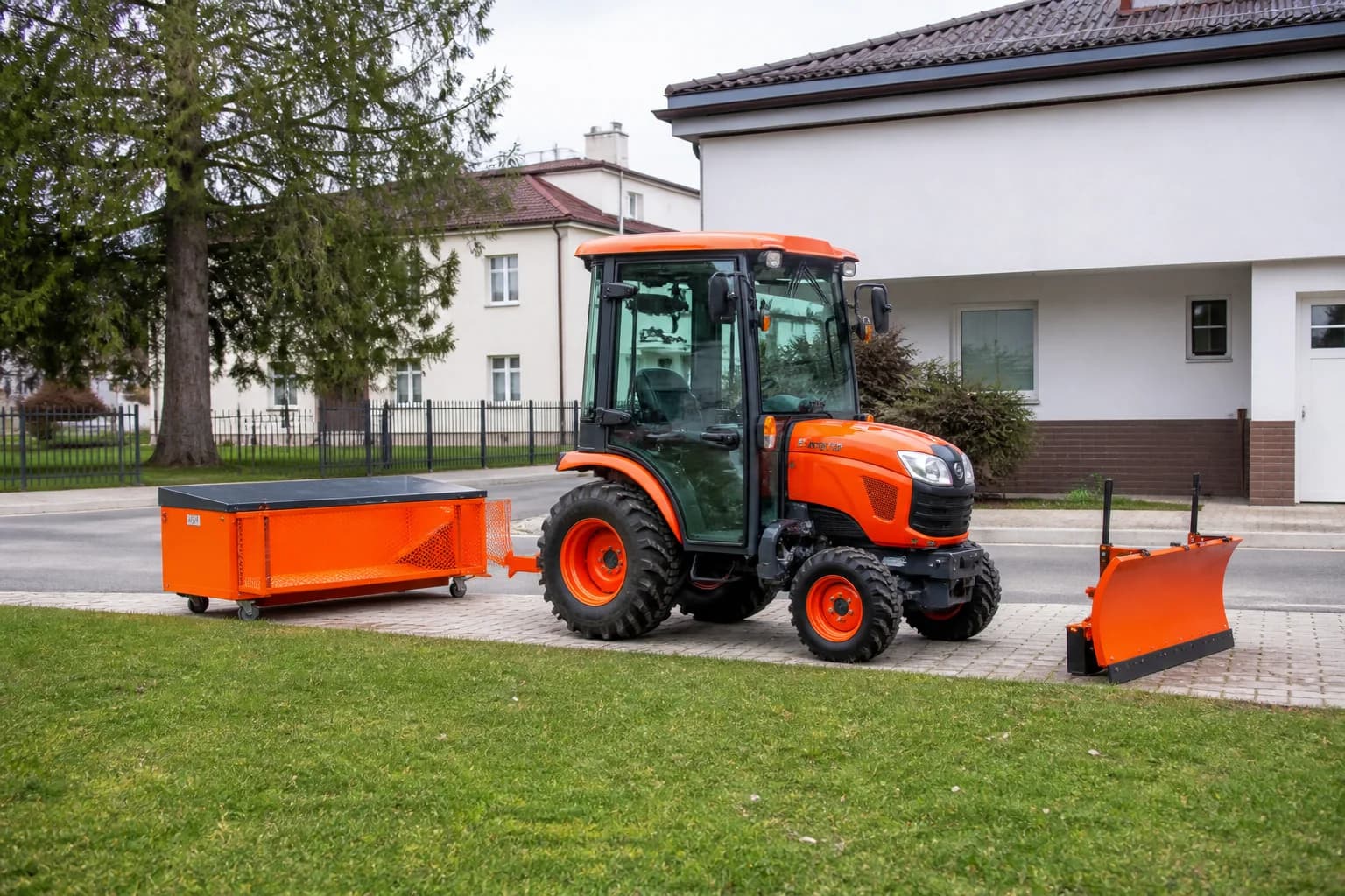 Kompaktný malotraktor pri obecnom areáli s chodníkom, zelenou plochou a komunálnym príslušenstvom.