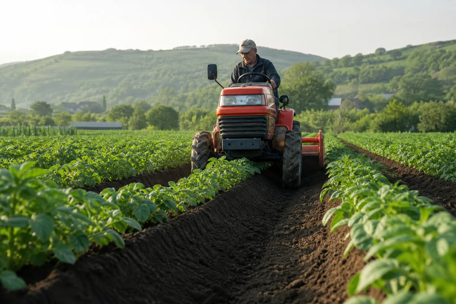 Kompaktný malotraktor s úzkymi pneumatikami a rotavátorom prechádza medzi riadkami zemiakov