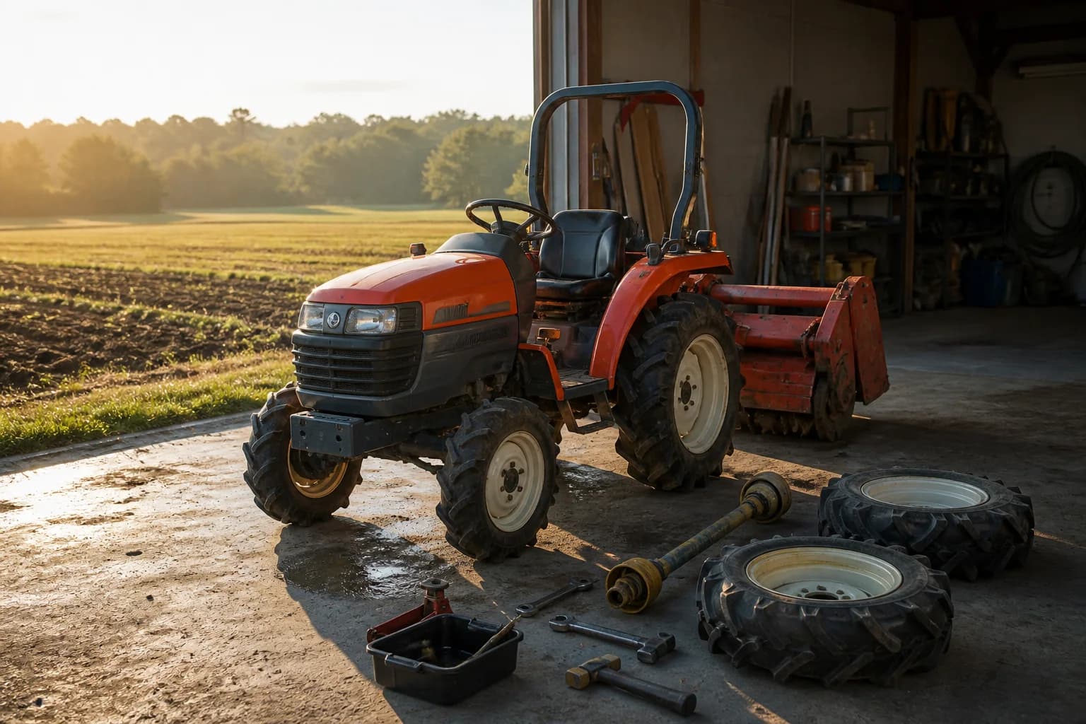 Malotraktor s pripojeným rotavátorom odstavený na kontrolu v dielni pri okraji poľa.