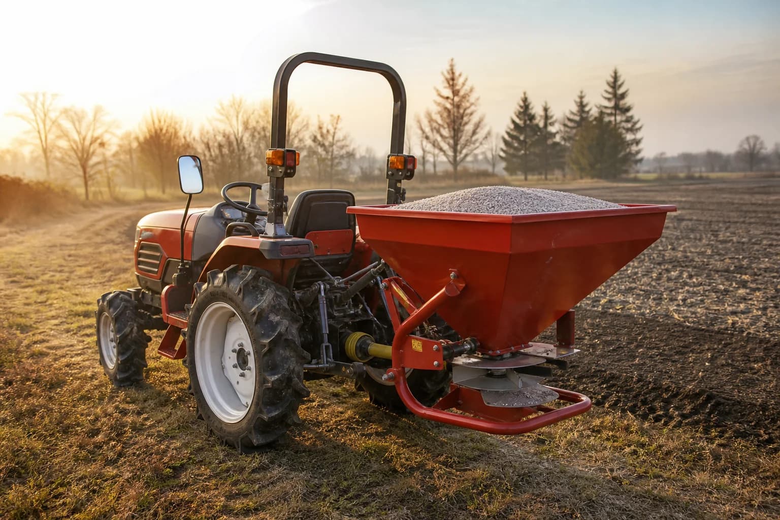Malotraktor s neseným rotačným rozmetadlom hnojiva na okraji poľnohospodárskej parcely.