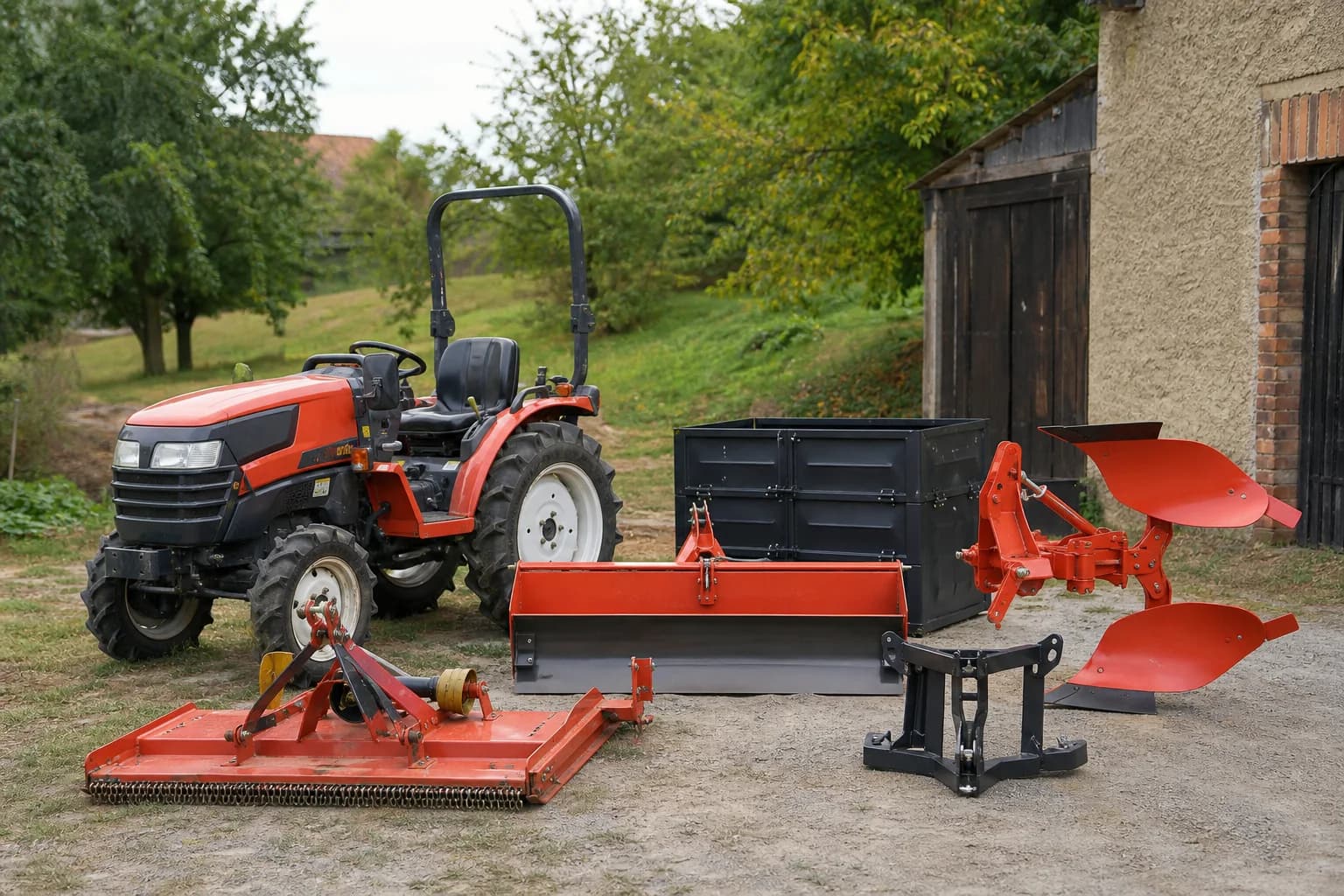 Kompaktný malotraktor stojí na dvore vedľa pluhu, mulčovača, transportného boxu a zadnej radlice.