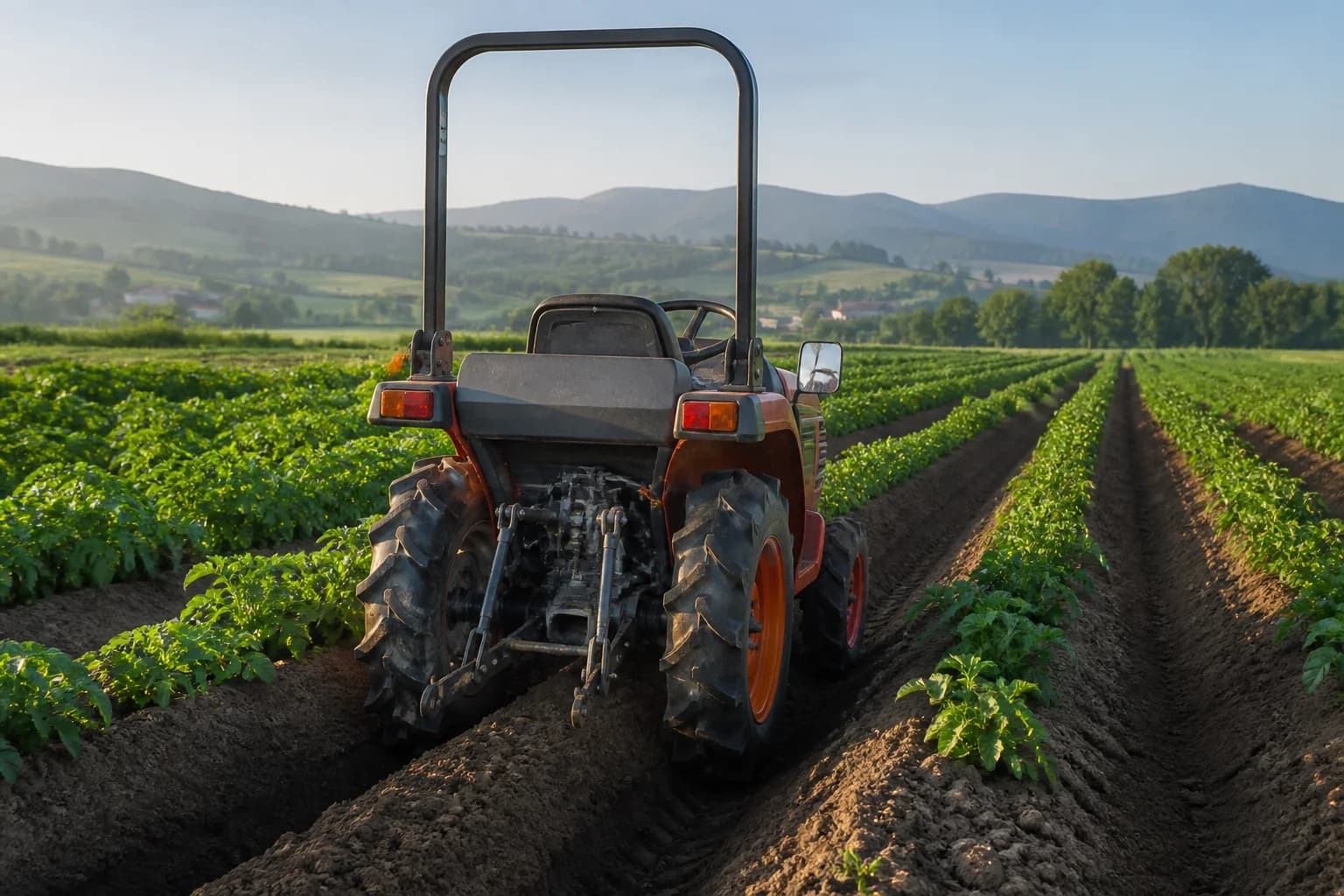 Malý japonský malotraktor stojaci na poli so zadnými kolesami v brázdach medzi zemiakovými riadkami