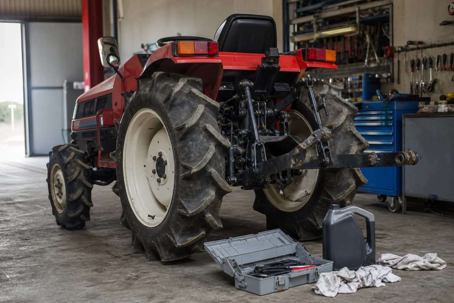 Použitý malotraktor v dielni so zadnými ramenami hydrauliky a servisným náradím vedľa stroja.
