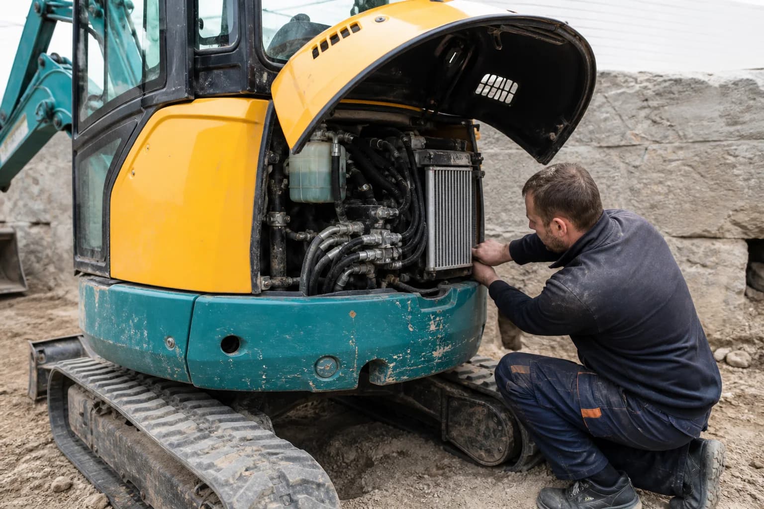 Minibager s otvoreným motorovým priestorom počas kontroly chladiča a hydraulických hadíc.