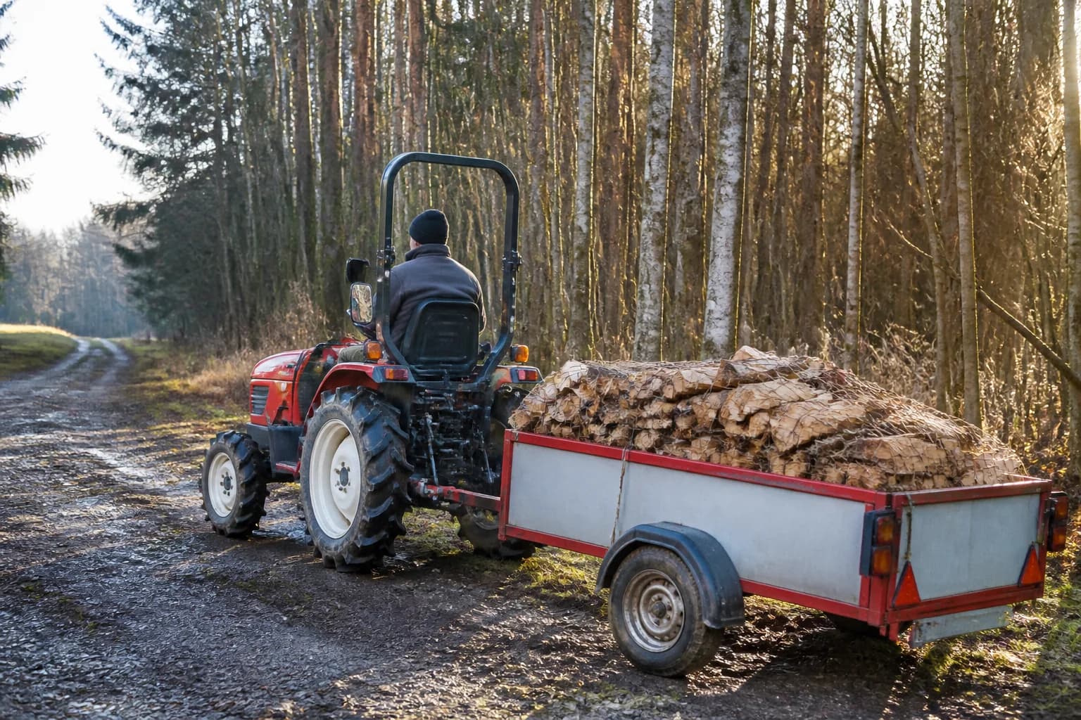 Kompaktný malotraktor s vlečkou naloženou drevom na poľnej ceste pri lese.