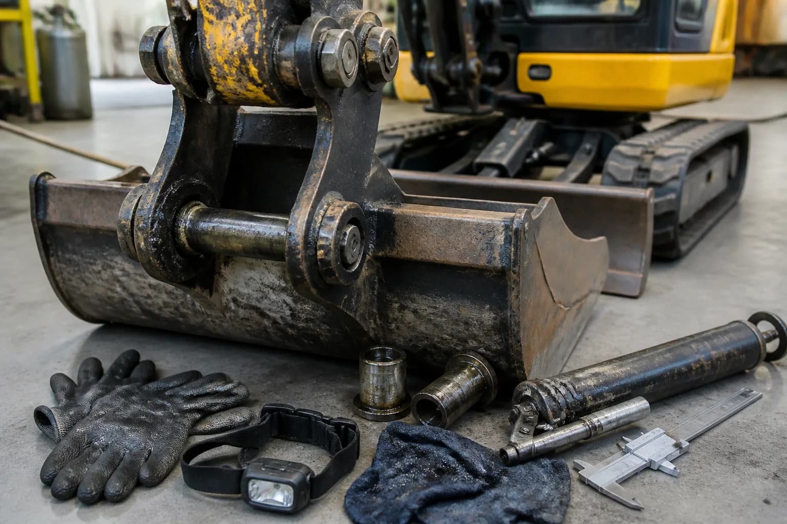 Detail spoja lyžice minibagra s náradím na kontrolu čapov a puzdier.