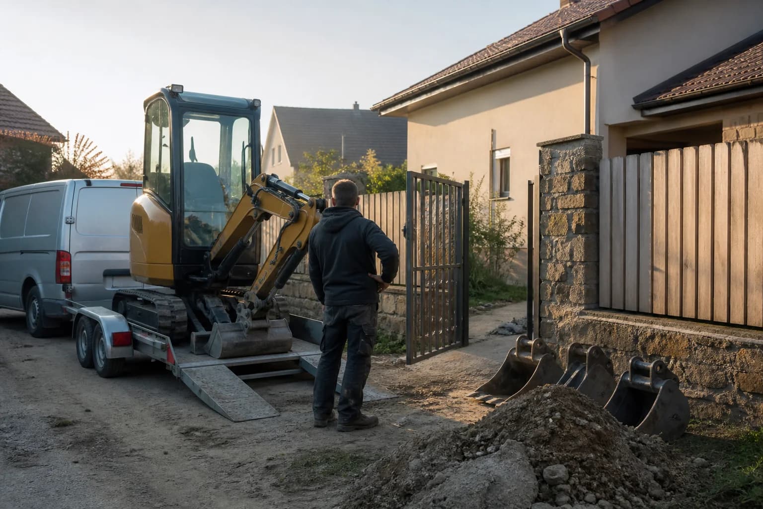 Kompaktný pásový minibager na prívesnom vozíku pri úzkej bránke a pripravených lyžiciach.