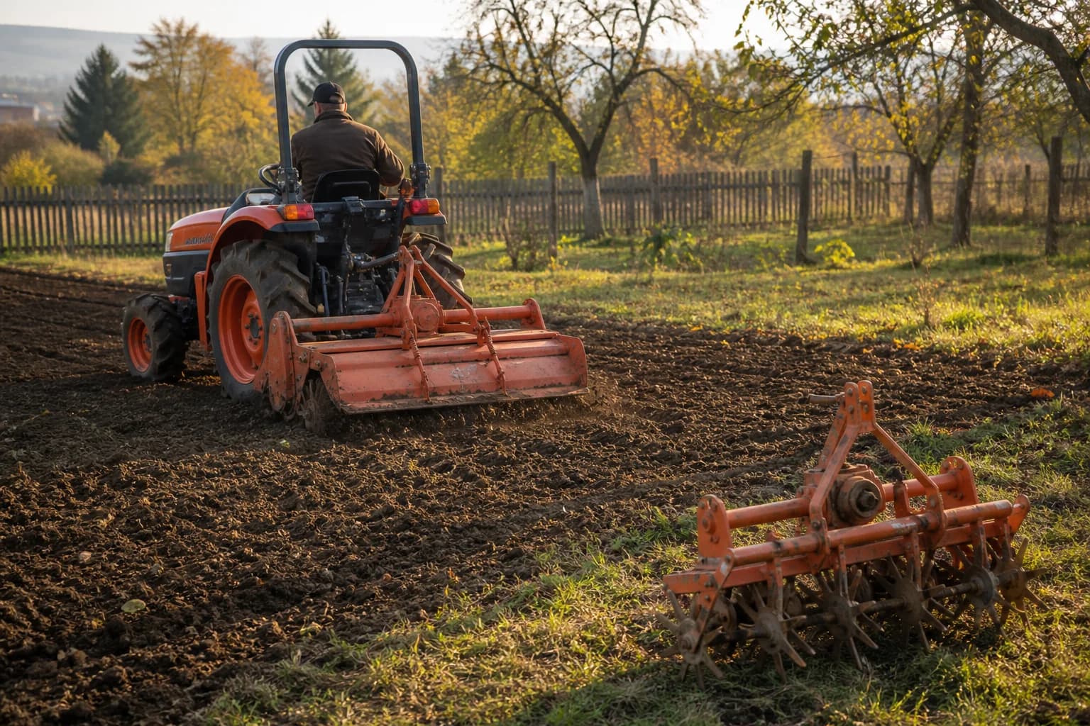 Malý japonský malotraktor s ťažkým rotavátorom na trojbodovom závese obrába pôdu, vedľa leží ľahšia pôdna fréza s hviezdicovými nožmi