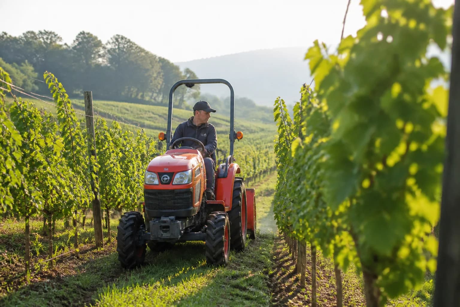 Kompaktný malotraktor v úzkom medziradí vinohradu na miernom svahu.