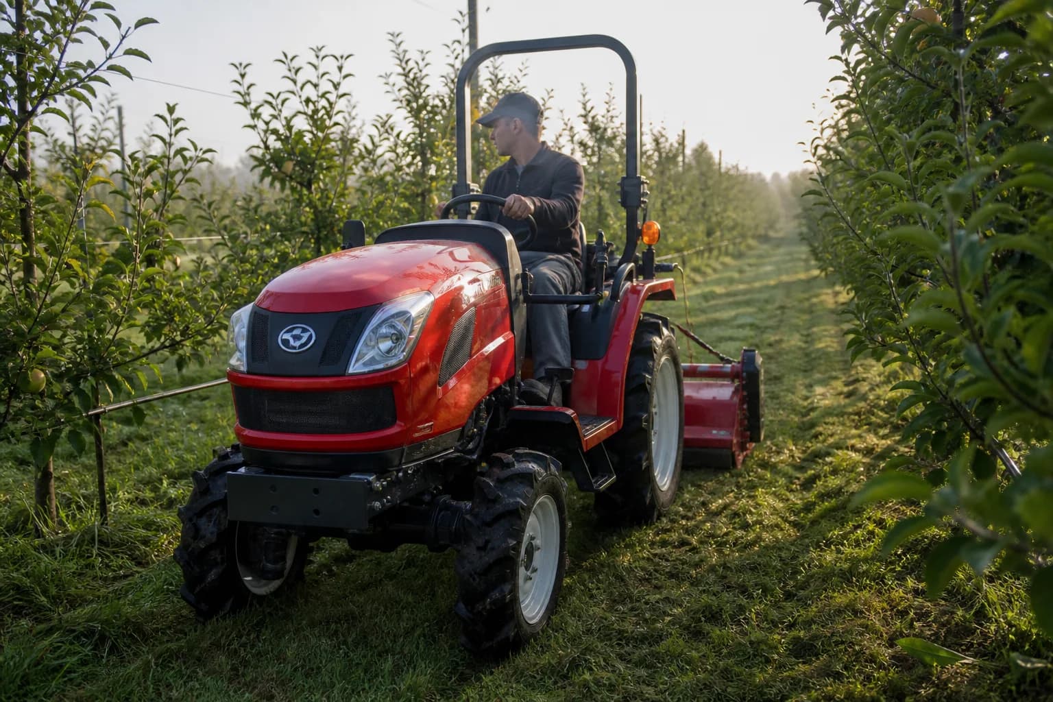 Kompaktný malotraktor s mulčovačom prechádza medzi radmi ovocných stromov.