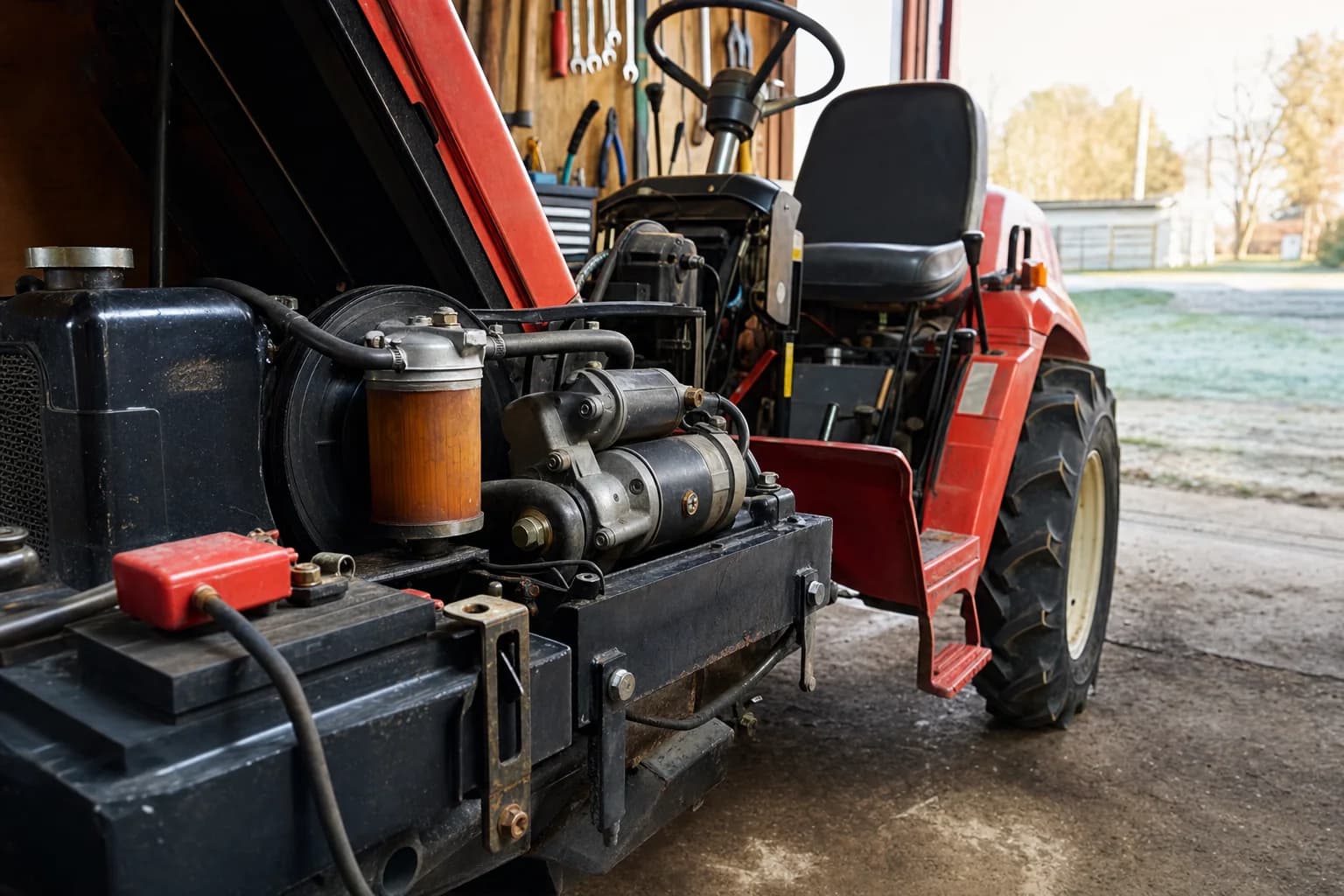 Malý japonský malotraktor v dielni s viditeľnou batériou a motorovým priestorom.