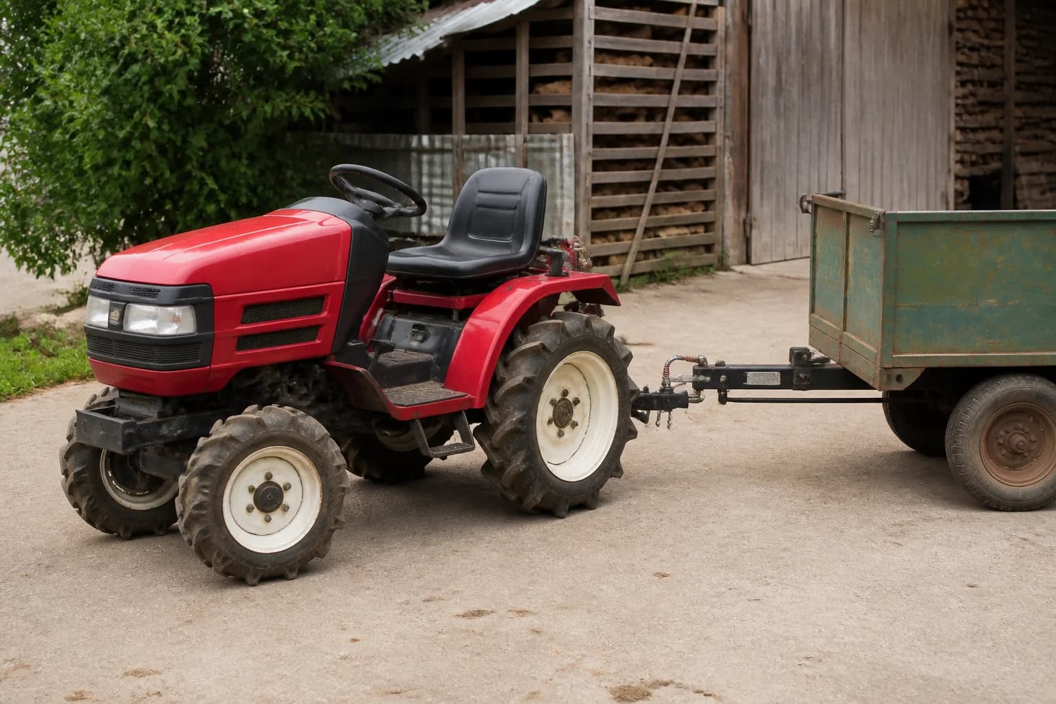 Malotraktor na rovnej ploche pripravený na pripojenie vlečky so závesom, ojom a elektrickým káblom.