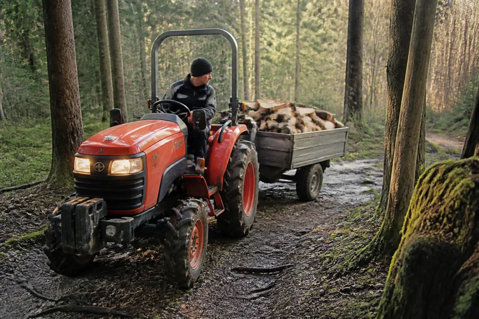 Kompaktný malotraktor s vlečkou dreva na úzkej lesnej ceste.