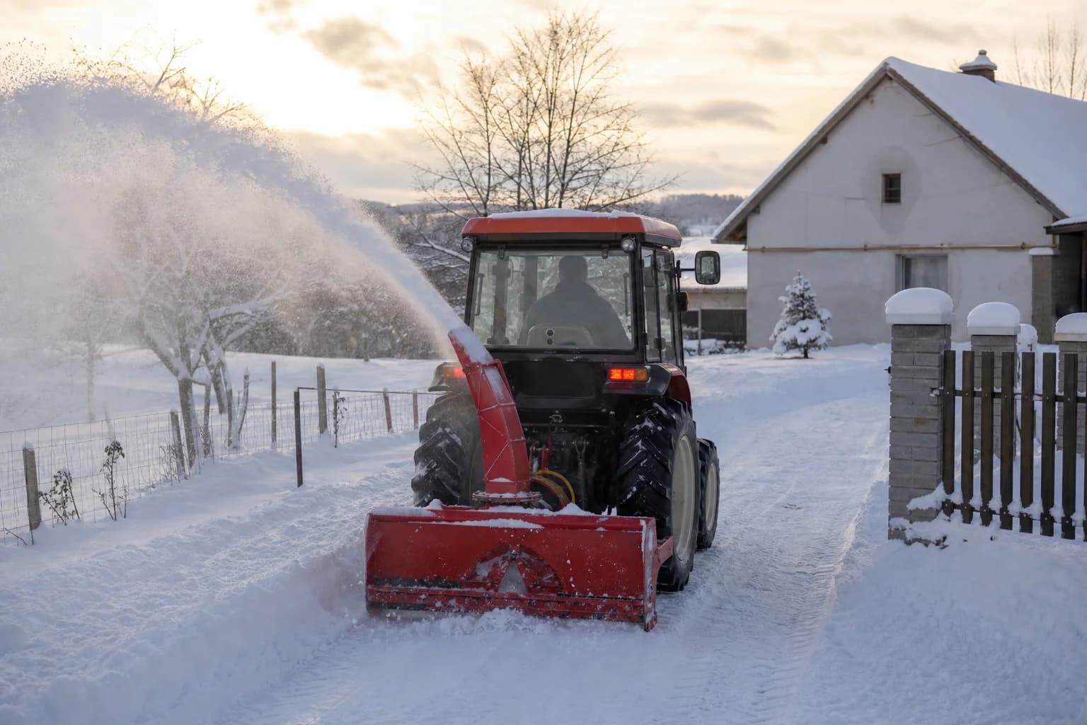 Malotraktor so zadnou snehovou frézou odhadzuje sneh z príjazdovej cesty.