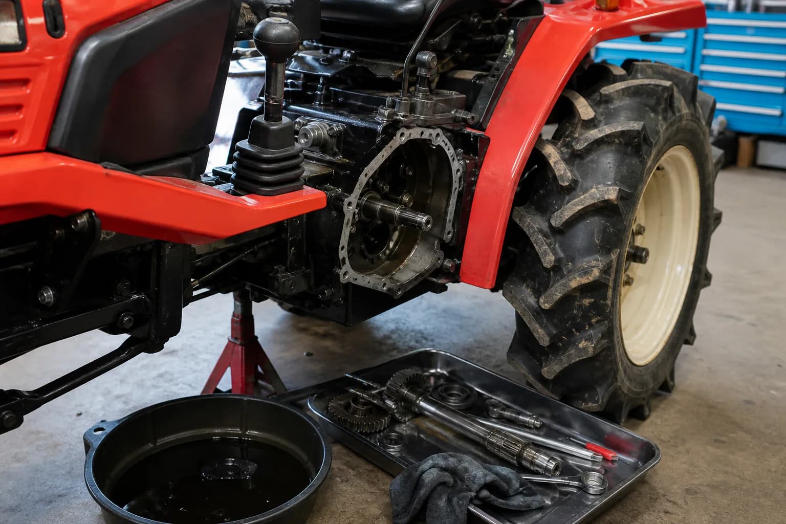 Malotraktor v dielni s detailom na radiacu páku a servisný priestor pri prevodovke.