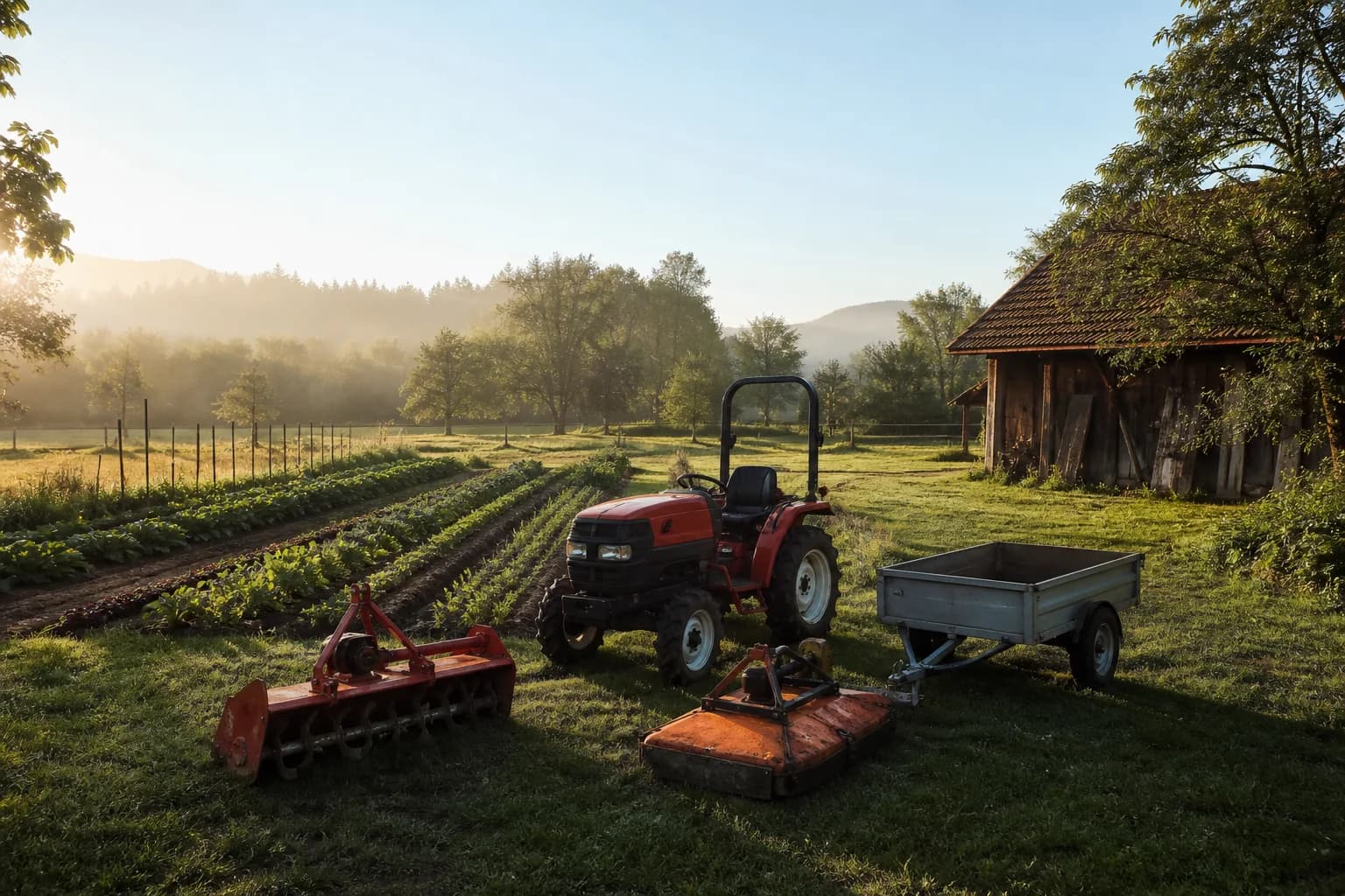 Kompaktný malotraktor s príslušenstvom stojí na malej farme pri záhonoch a lúke.