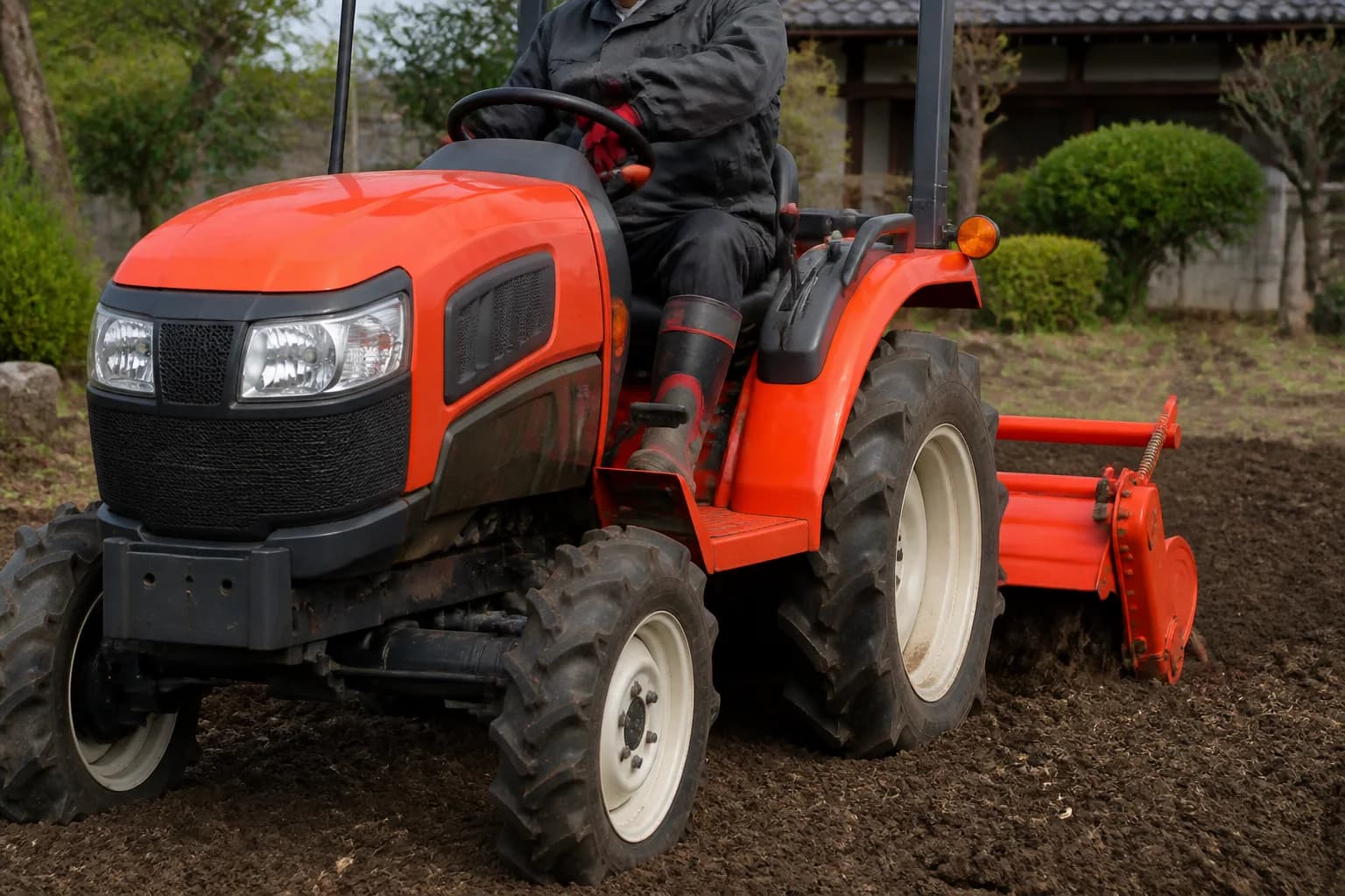 Kompaktný malotraktor s pripojeným pracovným náradím na vidieckom pozemku.