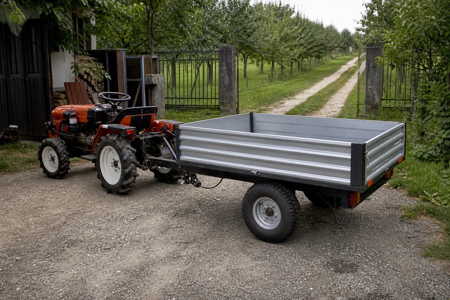 Malotraktor so zapojenou pracovnou vlečkou stojí na dvore pri sade.