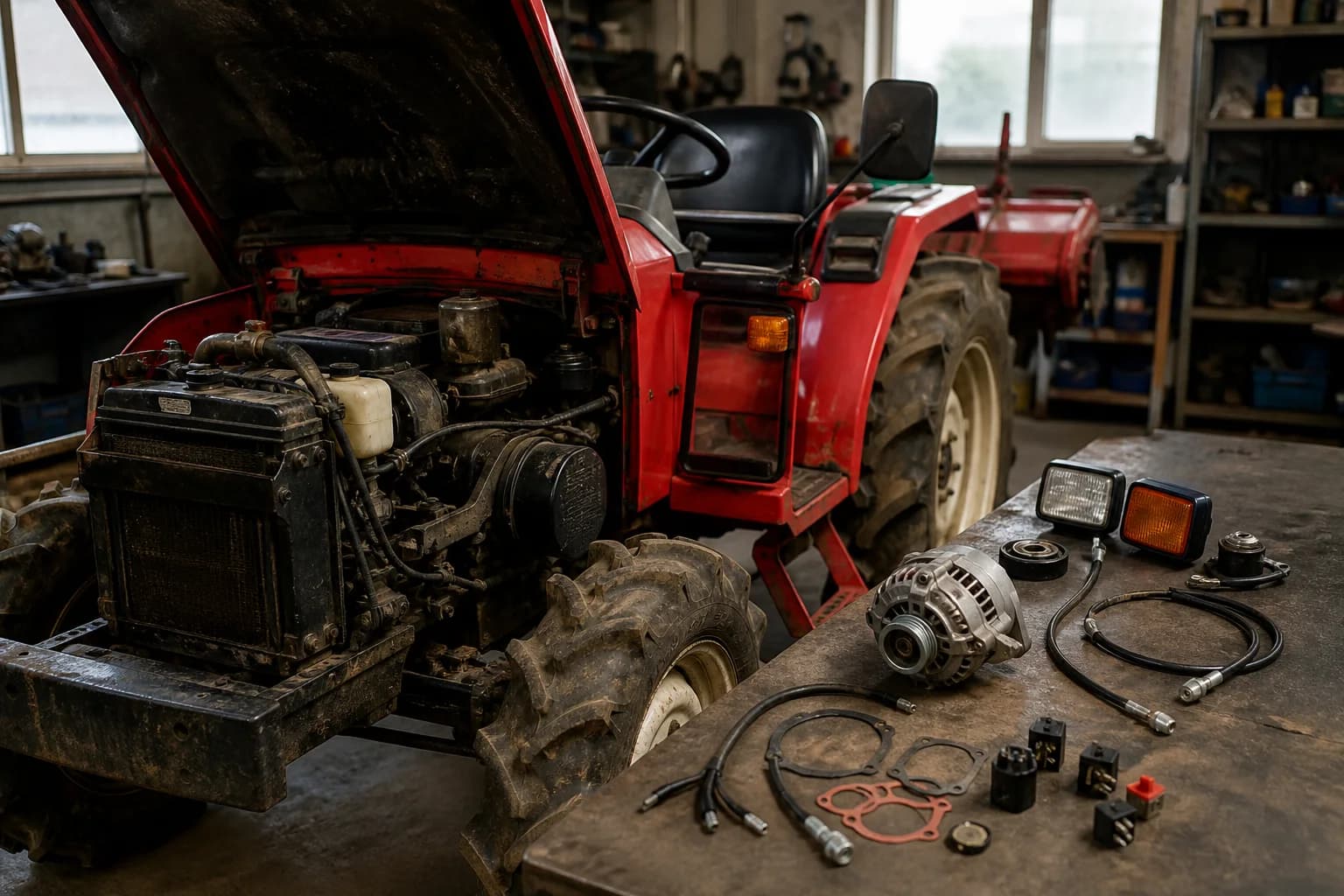 Japonský malotraktor v dielni s náhradnými dielmi položenými na pracovnom stole.