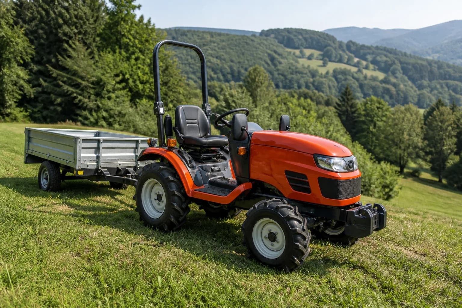 Malotraktor s prívesom stojí na trávnatom svahu na vidieckom pozemku.