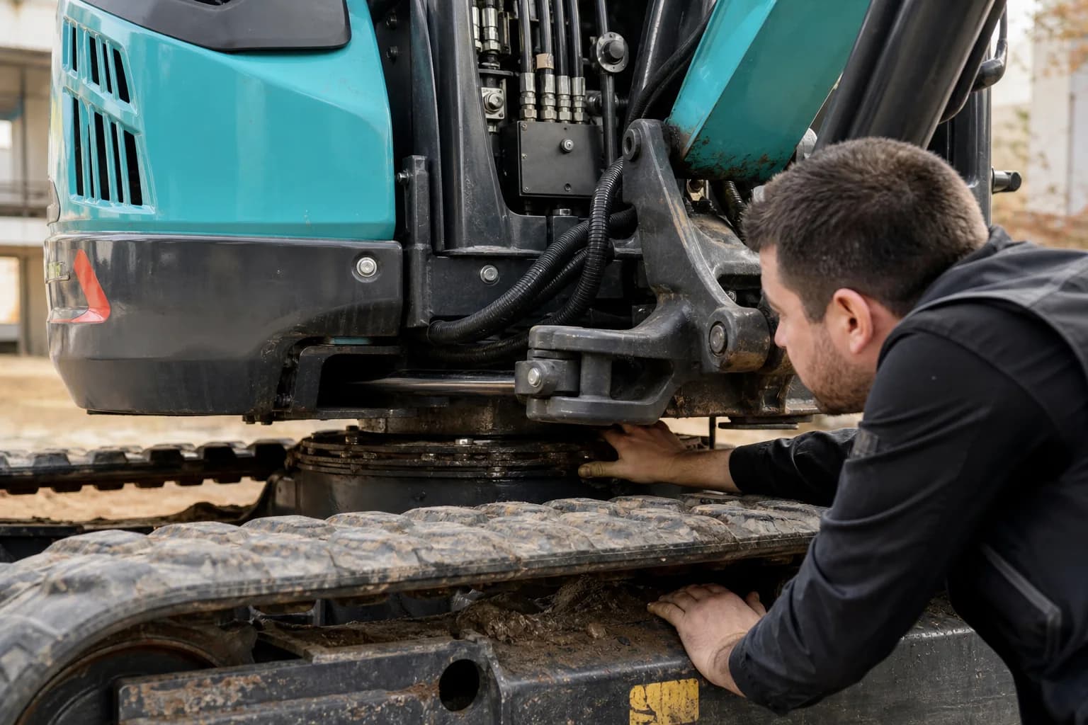 Mechanik kontroluje otočnú časť a hydraulické hadice minibagra na pracovisku.