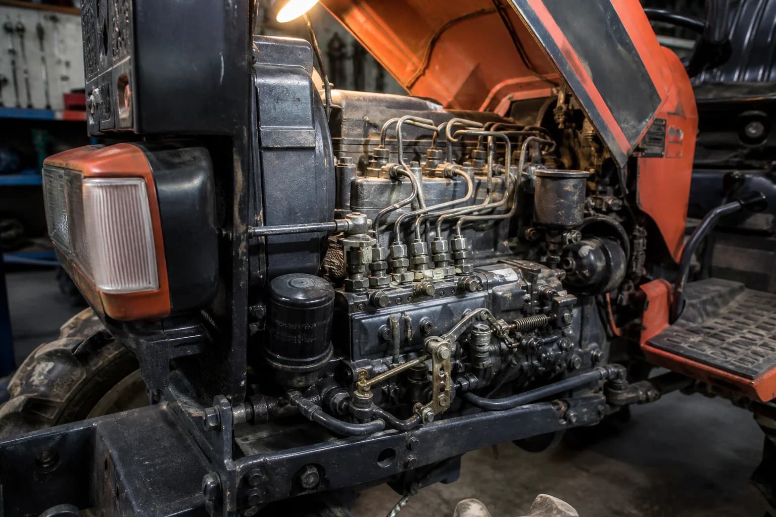 Detail dieselového motora malotraktora v oblasti vstrekovačov a palivových trubiek.